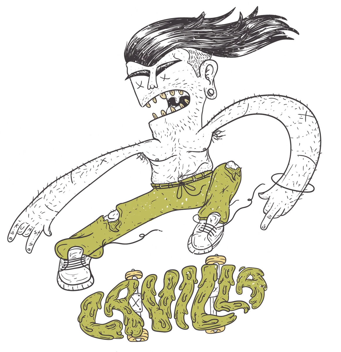Raw hand-drawn illustration of a La Villa skater with slime-green lettering
